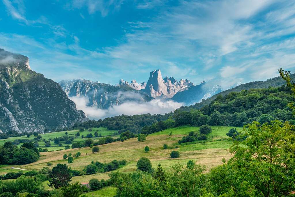 The Cabrales valley with meadows and woodland, and the spires of the Picos de Europa above a sea of clouds
